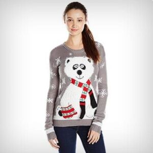 WITH LOVE DEREK CHRISTMAS SWEATER FUZZY POLAR BEAR SCARF & MITTENS